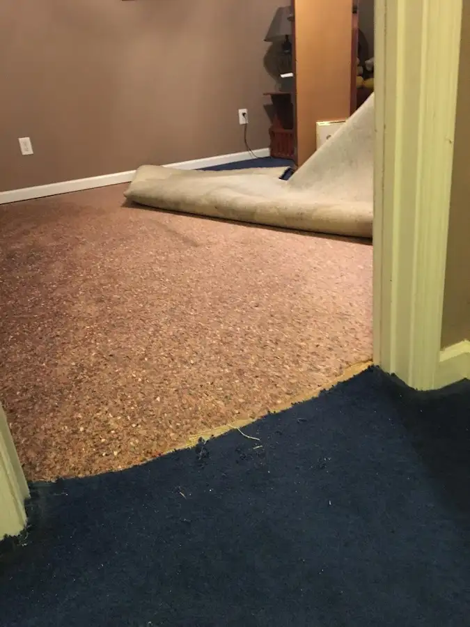 Carpet pad removal revealing water damage during Water Mitigation Services in San Marcos